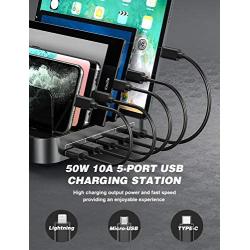 Vogek 50W Charging Station for Multiple Devices, 5 USB Fast Ports with 8 Short Mixed Cables Watch & Airpod Stand Included for Cell Phones, Smart Phones, Tablets, iWatch, Airpods -Black