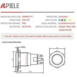 APIELE 19mm Latching Push Button Switch 12V DC Angel Eye Halo Ring LED Metal 0.74'' 1NO1NC SPDT with Wire Socket Plug (Red LED/Black Shell)