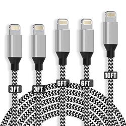 iPhone Charger, YEFOOT MFi Certified Cable 5 Pack(3/3/6/6/10FT) Nylon Woven with Metal Connector Compatible iPhone 12Pro Max/12Pro/12/11/Pro/Xs Max/X/8/7/Plus/6S/6/SE/5S iPad-Black&White