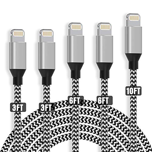 iPhone Charger, YEFOOT MFi Certified Cable 5 Pack(3/3/6/6/10FT) Nylon Woven with Metal Connector Compatible iPhone 12Pro Max/12Pro/12/11/Pro/Xs Max/X/8/7/Plus/6S/6/SE/5S iPad-Black&White
