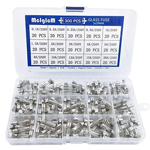 300 Pcs MCIGICM 5 x 20mm Fast-Blow Glass Fuse Assortment, 250V 0.1A/ 0.25A/ 0.2A/ 0.5A/ 1A/ 1.5A/ 2A/ 3A/ 4A/ 5A/ 8A/ 10A/ 12A/ 15A/ 20A Tube Fuses, 15 Values