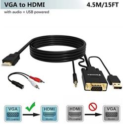 VGA to HDMI Adapter Cable 15FT/4.5M (Old PC to New TV/Monitor with HDMI),FOINNEX VGA to HDMI Converter Cable with Audio for Connecting Laptop with VGA(D-Sub,HD 15-pin) to NEW Monitor,HDTV.Male to Male