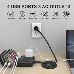 Power Strip with Phone Shelf, ANDAXIN 6 Feet Long Braided Flat Plug Extension Cord with 3 Outlet and 4 USB Ports, Compact Size Charging Station for Home, Office, Dorm Essentials, Black