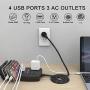 Power Strip with Phone Shelf, ANDAXIN 6 Feet Long Braided Flat Plug Extension Cord with 3 Outlet and 4 USB Ports, Compact Size Charging Station for Home, Office, Dorm Essentials, Black