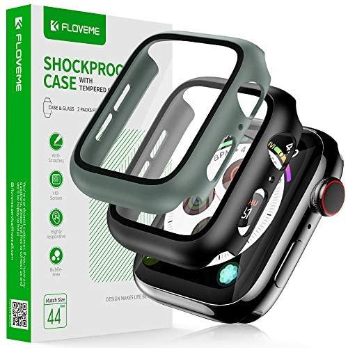 FLOVEME Protective Case with Glass for Apple Watch Series 6 5 4 SE 44mm Screen Protector 2 Pack Tempered Glass Hard PC Bumper Cover Compatible with Apple Watch Screen Protector 44mm - Case for iWatch