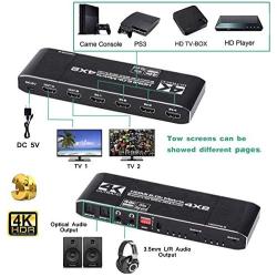 HDMI Matrix Switch 4x2, 4K HDMI Matrix Switcher Splitter 4 in 2 Out Box with EDID Extractor and IR Remote Control Support 4K HDR, HDMI 2.0b, HDCP 2.2, 4K@60Hz, 3D, 1080P