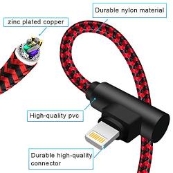 iPhone Charger 10 FT 3 Pack 90 Degree Lightning Cable Right Angle Cable Charging and Syncing Cord Extra Long Nylon Braided for iPhone/iPad (Red Black,10Foot)
