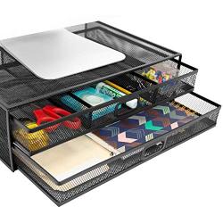 MOUNT-IT! Mesh Computer Monitor Stand Riser [Metal] Desk Organizer with Two Pullout Storage Drawers for Desktop, Laptop, and Printer Accessories and Office Supplies (Black)
