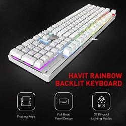 Havit Mechanical Gaming Keyboard and Mouse Combo Blue Switch 104 Keys Rainbow Backlit Keyboards, 4800 Dots Per Inch 7 Button Mouse Wired for PC Gamer Computer Laptop (White)