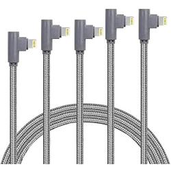 MFI Certified 5Pack Right Angle Lightning Cable 90 Degree iPhone Charging Cable Compatible with 12 11 Pro Max XR XS Max X 10 8 7 6s 6 Plus 5 5s SE 2020, iPad Pro (Grey3ft/6ft/6ft10ft/10ft)