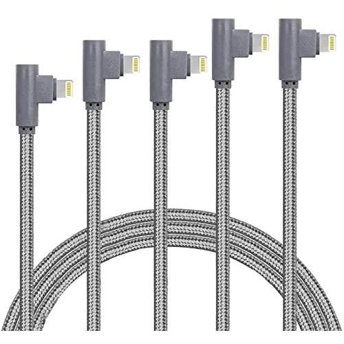 MFI Certified 5Pack Right Angle Lightning Cable 90 Degree iPhone Charging Cable Compatible with 12 11 Pro Max XR XS Max X 10 8 7 6s 6 Plus 5 5s SE 2020, iPad Pro (Grey3ft/6ft/6ft10ft/10ft)