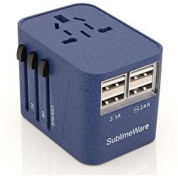 Power Plug Adapter (SandBlue)- International Travel - w/4 USB Ports for 150+ Countries - 220 Volt Adapter - Travel Adapter Type C Type A Type G I f UK EU Europe European
