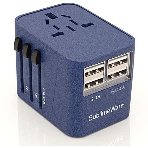 Power Plug Adapter (SandBlue)- International Travel - w/4 USB Ports for 150+ Countries - 220 Volt Adapter - Travel Adapter Type C Type A Type G I f UK EU Europe European