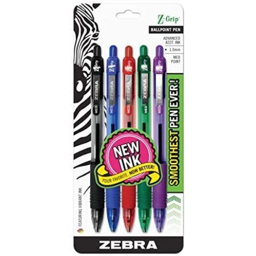 Zebra Pen Z-Grip Retractable Ballpoint Pen, Medium Point, 1.0mm, Assorted Colors - 5 Pieces