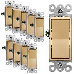 ENERLITES Elite Series Decorator Rocker Light Switch, 15A 120V/277V, Single Pole, 3 Wire, Grounding Screw, Residential Grade, UL Listed, 91150-GD, Gold Color (10 Pack)