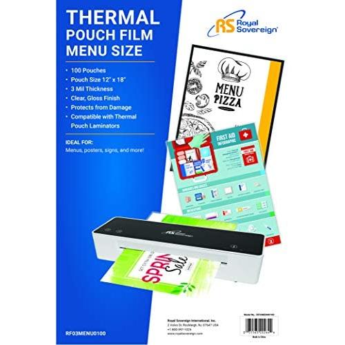 Royal Sovereign 3 Mil Thermal Laminating Pouches, 100 Pack, Menu Size, 18'' x 12'' x 0.6'' Inches, Clear Gloss (RF03MENU0100)