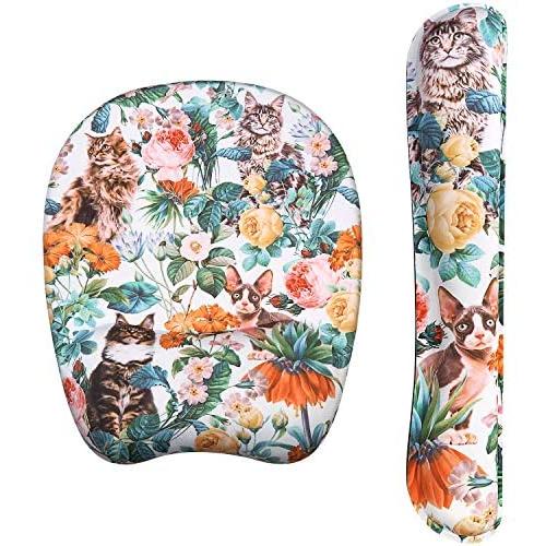 Holilife Keyboard Wrist Rest Pad and Wrist Support Mouse Pad, Ergonomic Design Memory Foam Pad for Pain Relief and Non-Slip Rubber Base Set for Home Office Laptop Computer Gaming, Cat & Flower