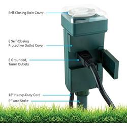 GE Branded Outdoor 6 Mechanical Stake Timer,Easy-to-Set dial, 30-Minute Interval pushpins, Six Grounded outlets with Weather-Resistant Covers – 29972, Green