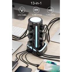 ESHLDTY RGB Power Strip Tower Surge Protector with 1 USB C Port 3 USB Ports 9 AC Outlets, IPX4 Waterproof 1875W 2000Joules 6ft Heavy Duty Extension Cord Charging Station for Home Party Bar Game Room