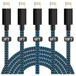 PLmuzsz MFi Certified iPhone Charger 5 Pack(3+3+6+6+10ft) High Speed Nylon Braided USB Fast Charging&Data Syncs Cord Compatible iPhone Xs/Max/XR/X/8/8Plus/7/7Plus/6S/6S Plus/SE/iPad/Nan Black&Blue
