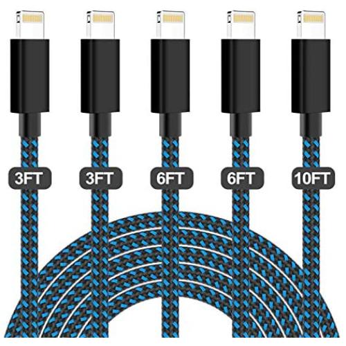 PLmuzsz MFi Certified iPhone Charger 5 Pack(3+3+6+6+10ft) High Speed Nylon Braided USB Fast Charging&Data Syncs Cord Compatible iPhone Xs/Max/XR/X/8/8Plus/7/7Plus/6S/6S Plus/SE/iPad/Nan Black&Blue