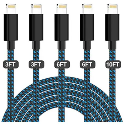PLmuzsz MFi Certified iPhone Charger 5 Pack(3+3+6+6+10ft) High Speed Nylon Braided USB Fast Charging&Data Syncs Cord Compatible iPhone Xs/Max/XR/X/8/8Plus/7/7Plus/6S/6S Plus/SE/iPad/Nan Black&Blue