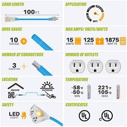 GearIT Extension Cord 100 Feet 10/3-3 Triple Outlet Ultra Heavy Duty SJEOW Extreme Weather Outdoor/Indoor - 10 Gauge 3 Prong, LED Lighted Plug, Oil Resistant Rubber Jacket