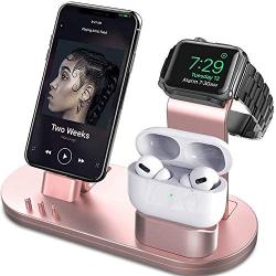 OLEBR 3 in 1 Charging Stand Compatible with iWatch Series 6/SE/5/4/3/2/1, AirPods Pro and iPhone Series 12/11 Series/Xs/X Max/XR/X/8/ 8P/7/7P/6S/6S Plus(Original Charger & Cables Required) Rose Gold