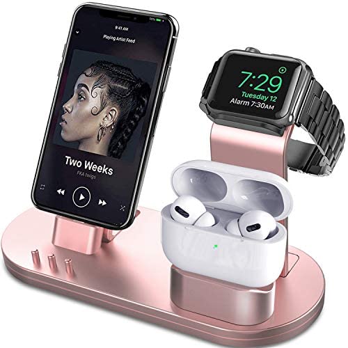 OLEBR 3 in 1 Charging Stand Compatible with iWatch Series 6/SE/5/4/3/2/1, AirPods Pro and iPhone Series 12/11 Series/Xs/X Max/XR/X/8/ 8P/7/7P/6S/6S Plus(Original Charger & Cables Required) Rose Gold