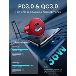 USB C Car Charger Super Mini AINOPE All Metal 36W Fast USB Car Charger PD&QC 3.0 Dual Port Car Adapter Compatible with iPhone 12/iPhone 11/Pro/Max/XR/XS/Max/8/8P, Note 10/S10-Red