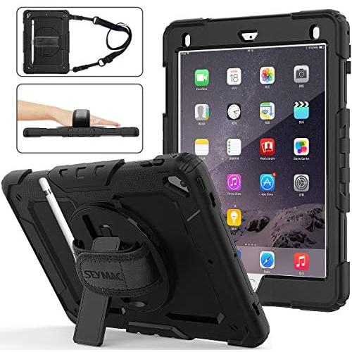 SEYMAC stock Case for iPad 6th/5th Generation, 3-Layer Protection Case with [360 Degrees Rotating Stand] Hand Strap &[Pencil Holder] for iPad 5th/6th 2018/2017, Air 2 and Pro 9.7 (Black)