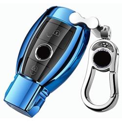 K LAKEY Car Key Fob Cover,Fit for Mercedes Benz C E S M CLS CLK G Class Key Fob,Smart Car Key Soft TPU Case Protector Key Fob with Alloy Keychain Silver (Blue, A)