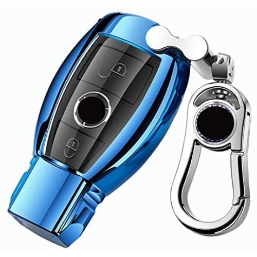 K LAKEY Car Key Fob Cover,Fit for Mercedes Benz C E S M CLS CLK G Class Key Fob,Smart Car Key Soft TPU Case Protector Key Fob with Alloy Keychain Silver (Blue, A)