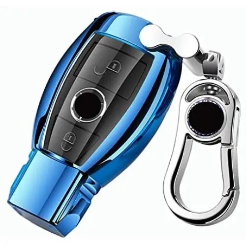 K LAKEY Car Key Fob Cover,Fit for Mercedes Benz C E S M CLS CLK G Class Key Fob,Smart Car Key Soft TPU Case Protector Key Fob with Alloy Keychain Silver (Blue, A)