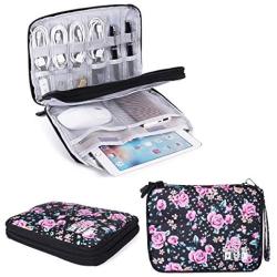 Universal Electronics Accessories Organizer, Waterproof Portable Cable Organizer Bag,Travel Gear Carry Bag for Cables (L, Black) (Flower, L)