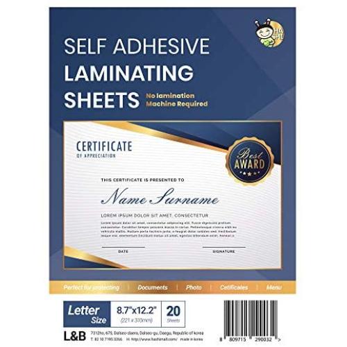 (20 Sheets) HASHI Self Adhesive Laminating Sheets, Pouches, No Machine Need, No Heat, Letter Size, 9 x 12 Inch
