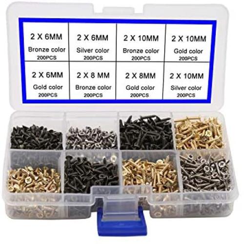 newlng 2MM Small Screws Phillips Flat Head Cross Self Tapping Tiny Screw Cabinet Electronic Accessories Screw Multifunctional DIY Micro Woodworking Mini Screw Set Gold Black Silver 1600pcs