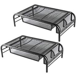 Halter Mesh Monitor Stand Computer Desk Riser Shelf with Side Compartment and Pull Out Drawer, Desk Organizer (2 Pack, Black)