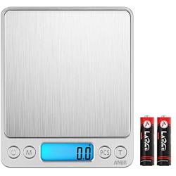 AMIR Digital Kitchen Scale, 3000g 0.01oz/0.1g Pocket Cooking Scale, Mini Food Scale, Pro Electronic Jewelry Scale with Back-Lit LCD Display, Tare & PCS Functions, Stainless Steel, Batteries Included