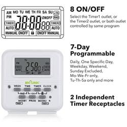BN-LINK 7 Day Heavy Duty Digital Programmable Dual Outlet Timer - 2 Independently Programmable Grounded Outlets, 8 ON/Off Programs, Heavy Duty Electrical Timer Switch, 3 Prong, 15A/1875W