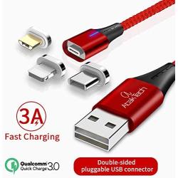 Fast Dual Magnetic Charging Cable - 3 in 1 Magnetic Charging Cord Compatible with Micro USB I-Product and Type C Cell Phones Tablets Charge & Data Sync Function Led Indicator (3.3Ft 1Pack Red)