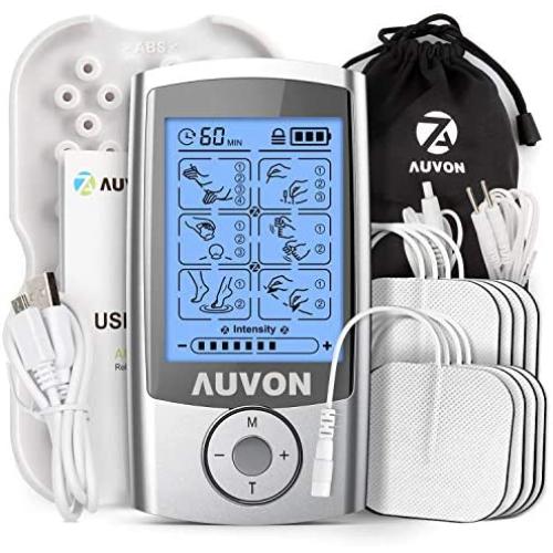 AUVON Rechargeable TENS Unit Muscle Stimulator, 3rd Gen 16 Modes TENS Machine with 8pcs 2''x2'' Premium Electrode Pads (American Gel) for Pain Relief