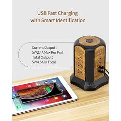 SUPERDANNY Surge Protector Tower USB Power Strip with 9 AC Outlets 4 USB Slots, 9.8ft Extension Cord Multiple Port Extender Desktop Charging Station for Office Home Dorm Bedroom, Soft Wood Grain
