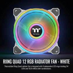 Thermaltake Riing Quad 120mm 16.8 Million RGB Color (Alexa, Razer Chroma) Software Enabled 4 Light Rings 54 LED 9 Blades Hydraulic Bearing White Case/Radiator Fan, Single Pack, CL-F100-PL12SW-C