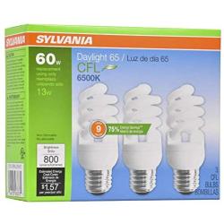 SYLVANIA CFL T2 Twist Light Bulb, 60W Equivalent, Efficient 13W, E26 Medium Base, 6500K Daylight, 3 pack
