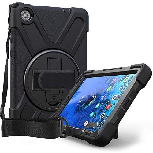 Case for Lenovo Tab M8 | Herize Smart Lenovo M8 Case TB-8505F TB-8505X TB-8505 with 360° Rotatable Kickstand | 3 Layer Shockproof Rugged Durable Protective Case W/Hand Strap Shoulder Strap | Black
