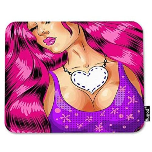 Mugod Beautiful Glamour Woman Mouse Pad Sexy Pin Up Girl with Long Waving Pink Hair Decor Gaming Mouse Pad Rectangle Non-Slip Rubber Mousepad for Computers Laptop 7.9x9.5 Inches