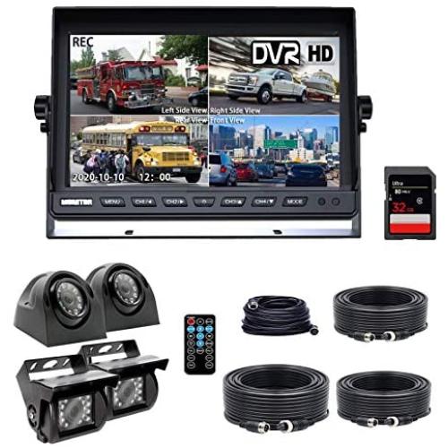 Backup Camera System, DOUXURY 4 Split Screen 9 Quad View Display HD 1080P Monitor with DVR Recording Function, IP69 Waterproof Night Vision Camera x 4 for Truck Trailer Heavy Box Truck RV Camper Bus