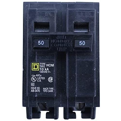 Square D Homeline HOM250 Miniature Circuit Breaker, 120/240 VAC, 50 A, 10 kA, 2 Poles, Thermal Magnetic Trip