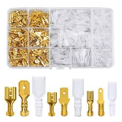 FIXITOK 480pcs Quick Splice 2.8/4.8/6.3mm Male and Female Wire Spade Connector Wire Crimp Terminal Block with Insulating Sleeve Assortment Kit for Electrical Wiring Car Audio Speaker (Golden)
